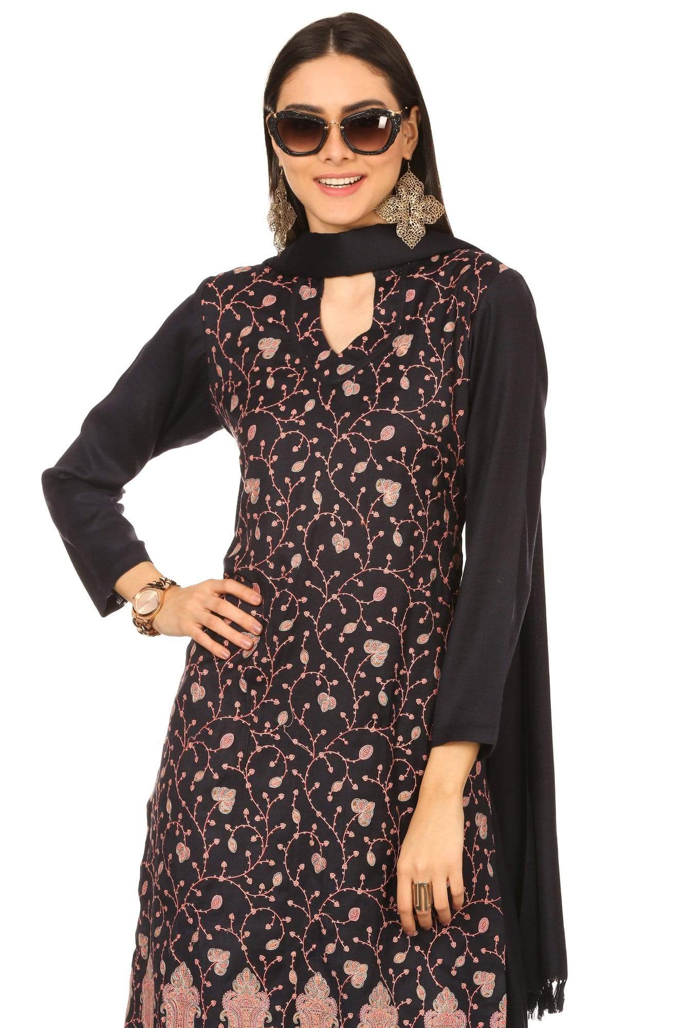 Pashtush India Stole Pashtush Kashmiri Embroidery Suit, With Self Stole (unstitched) - Midnight Blue