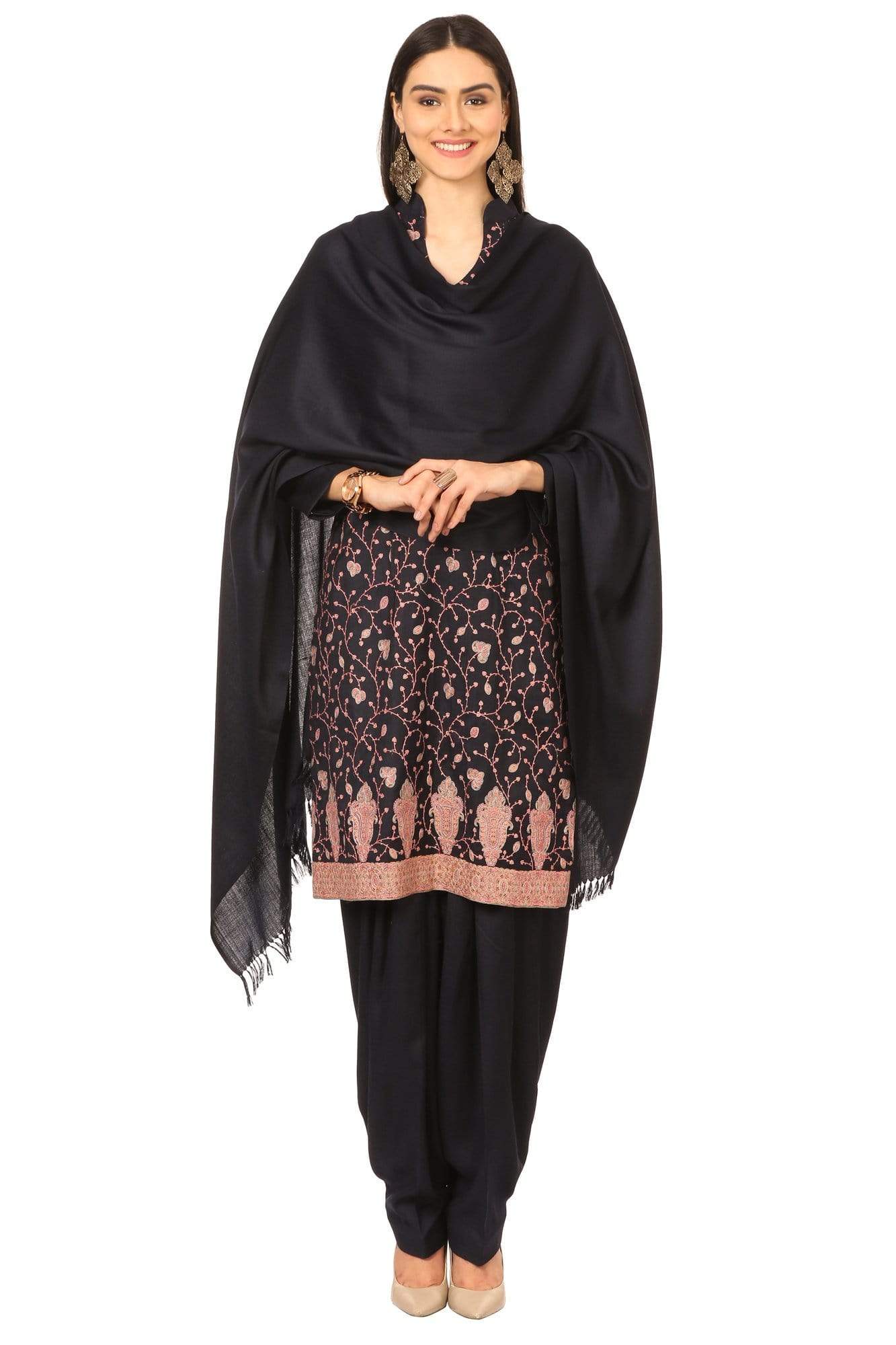 Pashtush India Stole Pashtush Kashmiri Embroidery Suit, With Self Stole (unstitched) - Midnight Blue