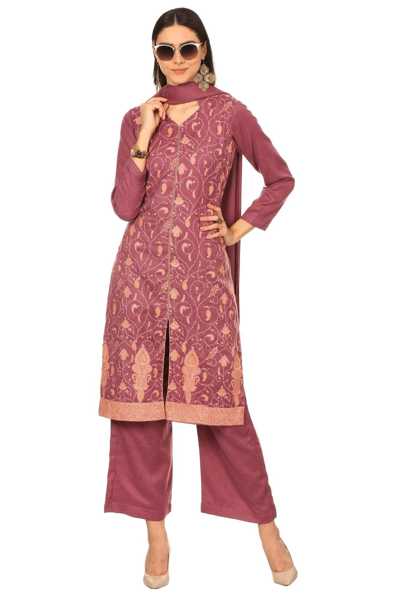 Pashtush India Stole Pashtush Kashmiri Embroidery Suit, With Self Stole (unstitched) - Peel Lilac