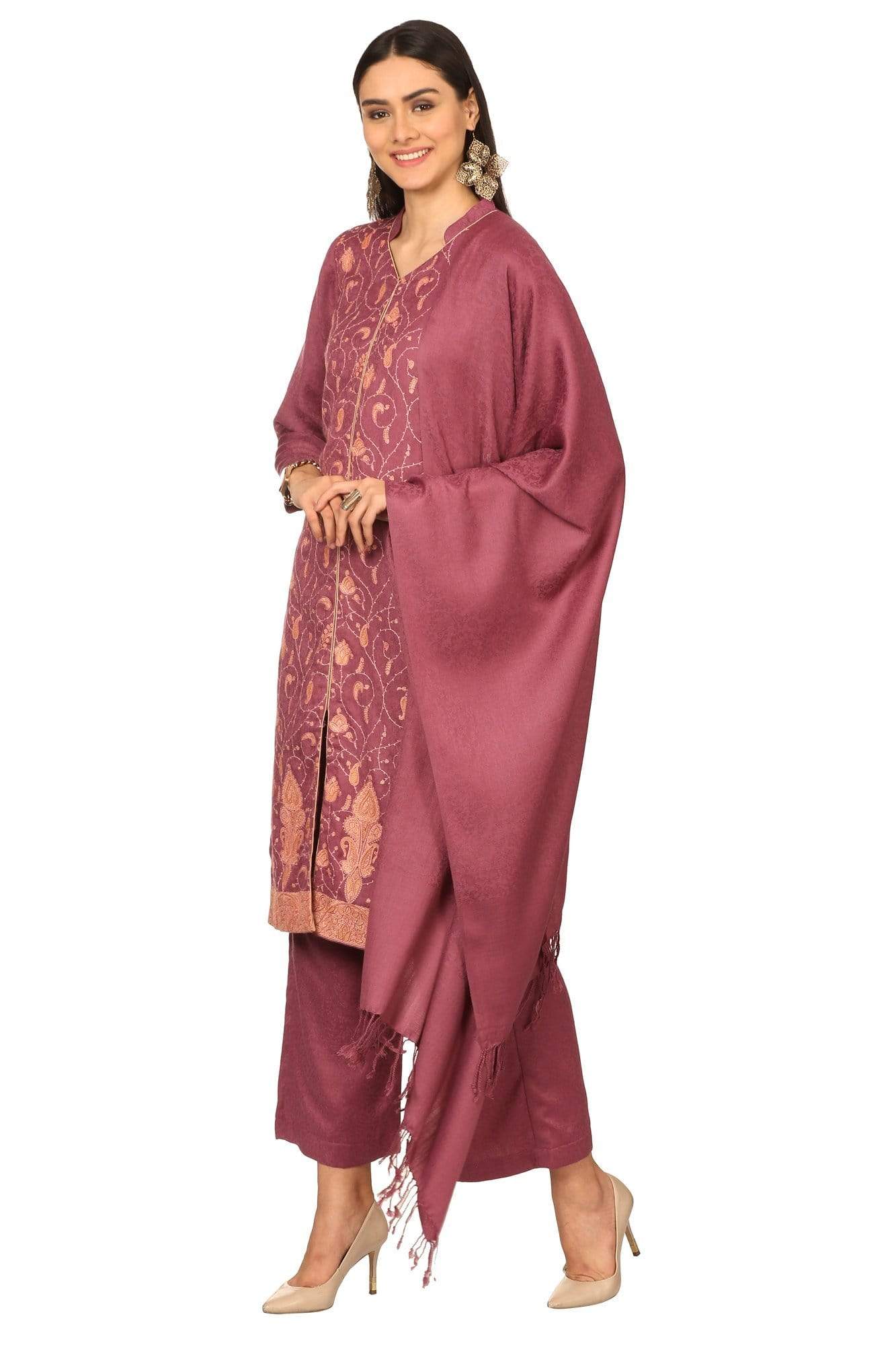 Pashtush India Stole Pashtush Kashmiri Embroidery Suit, With Self Stole (unstitched) - Peel Lilac