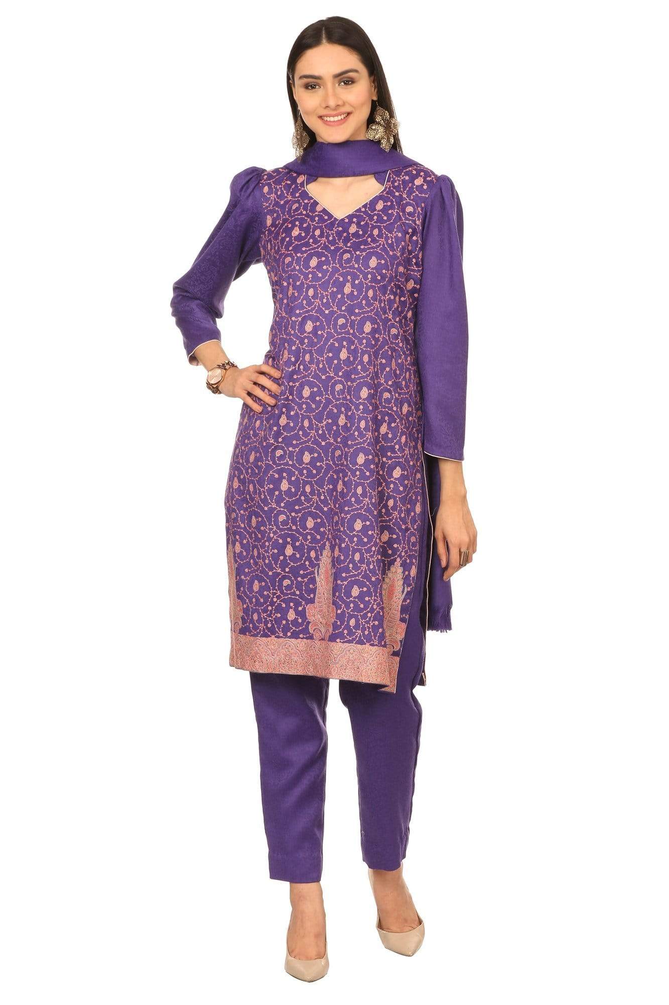 Pashtush India Stole Pashtush Kashmiri Embroidery Suit, With Self Stole (unstitched) - Purple