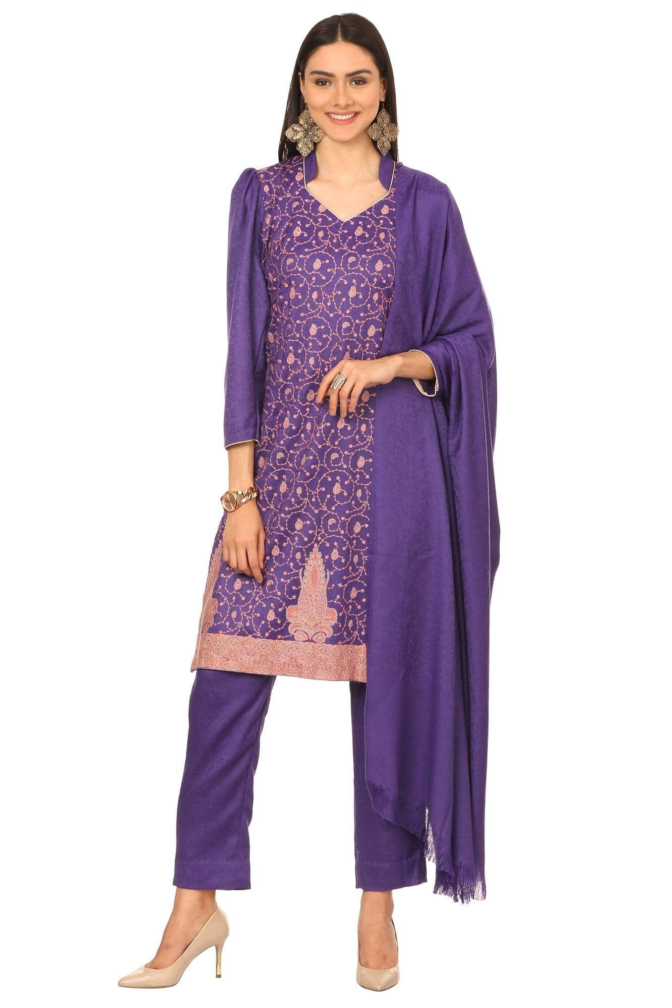 Pashtush India Stole Pashtush Kashmiri Embroidery Suit, With Self Stole (unstitched) - Purple