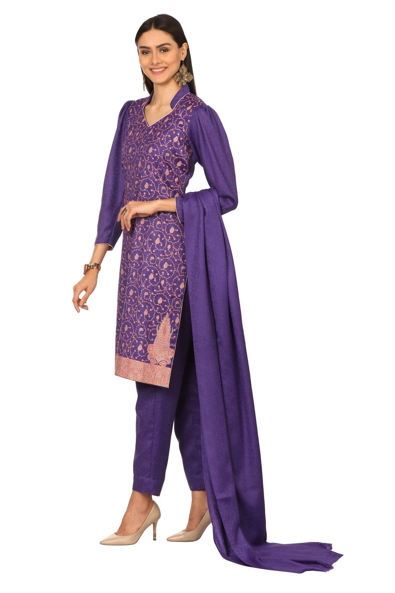 Pashtush India Stole Pashtush Kashmiri Embroidery Suit, With Self Stole (unstitched) - Purple