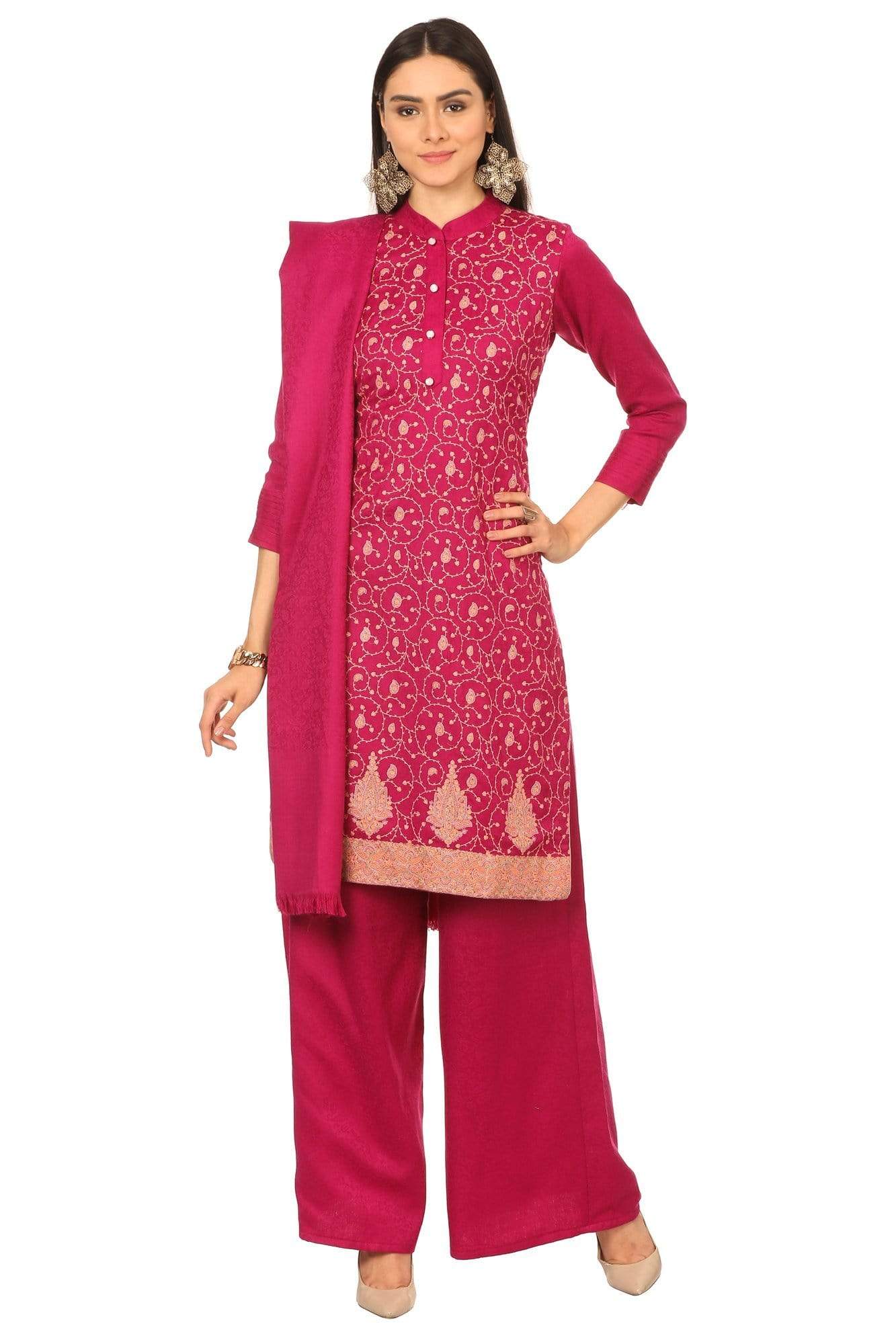 Pashtush India Stole Pashtush Kashmiri Embroidery, with Self Stole (unstitched) - Rich pink