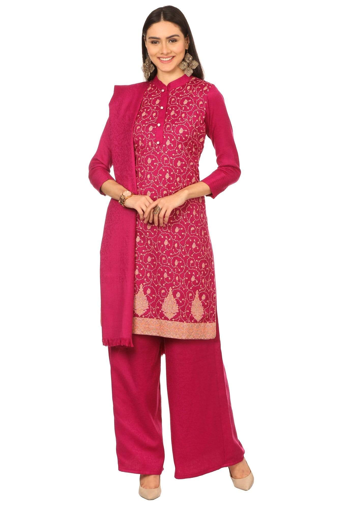Pashtush India Stole Pashtush Kashmiri Embroidery, with Self Stole (unstitched) - Rich pink