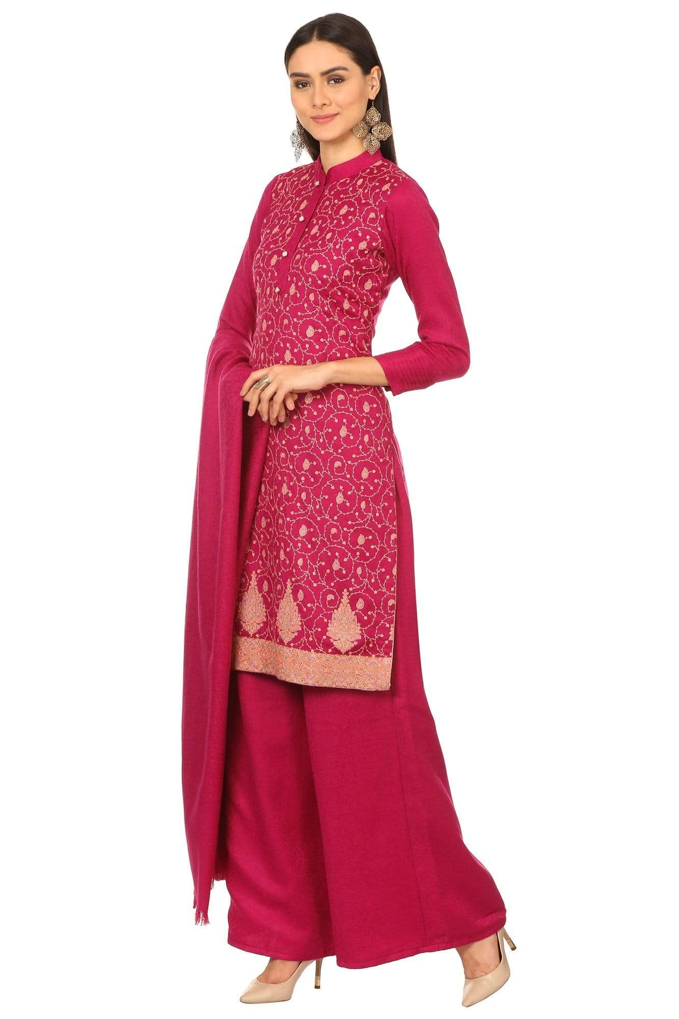Pashtush India Stole Pashtush Kashmiri Embroidery, with Self Stole (unstitched) - Rich pink