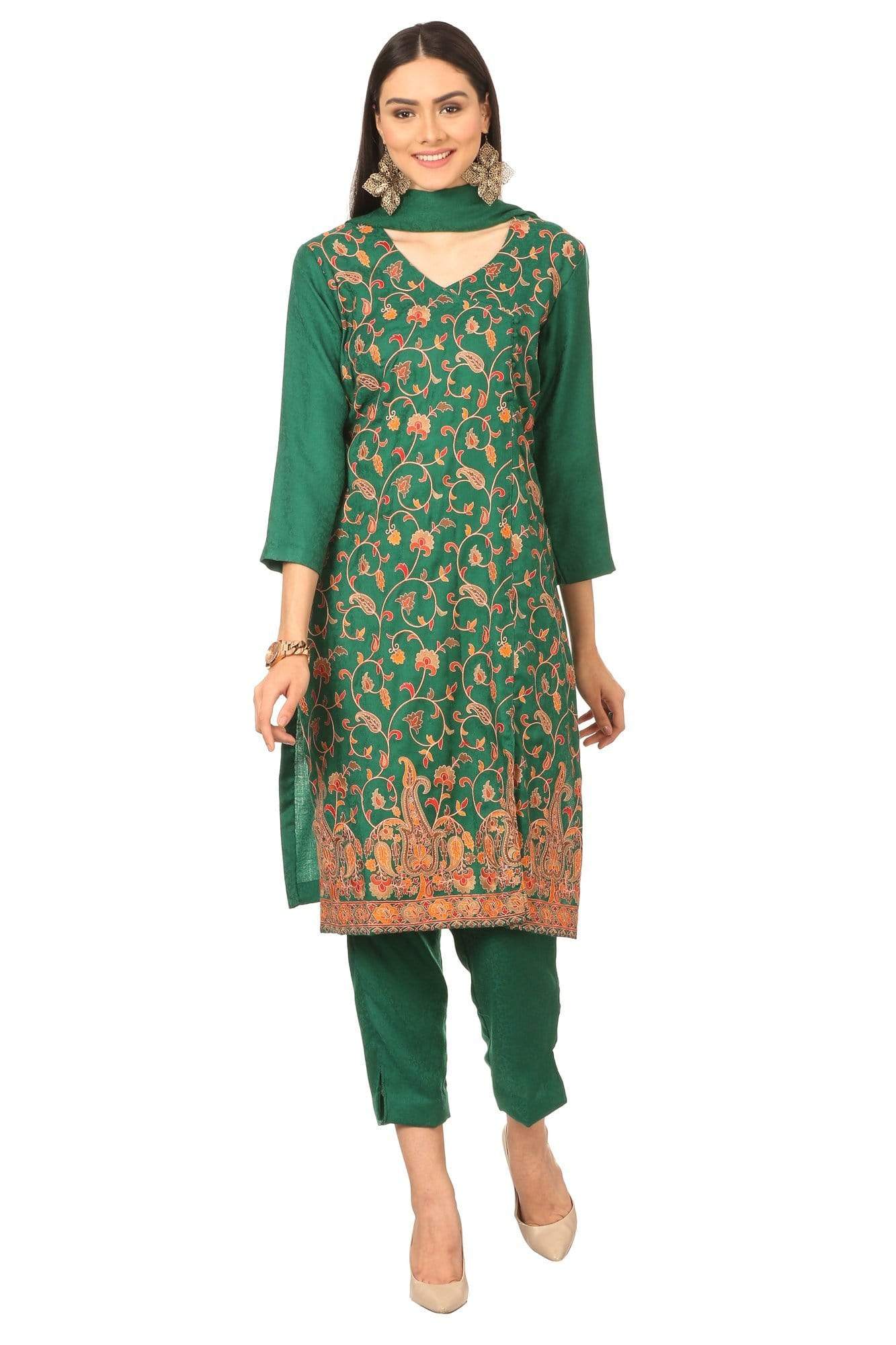 Pashtush India Stole Pashtush Kashmiri Papier Mache Embroidery Suit, Extra Fine Merino Wool, Soft Pashmina Feel Texture. With Self Stole (unstitched) - Bottle Green