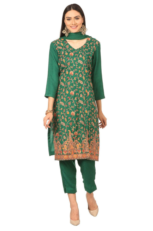 Pashtush India Stole Pashtush Kashmiri Papier Mache Embroidery Suit, Extra Fine Merino Wool, Soft Pashmina Feel Texture. With Self Stole (unstitched) - Bottle Green