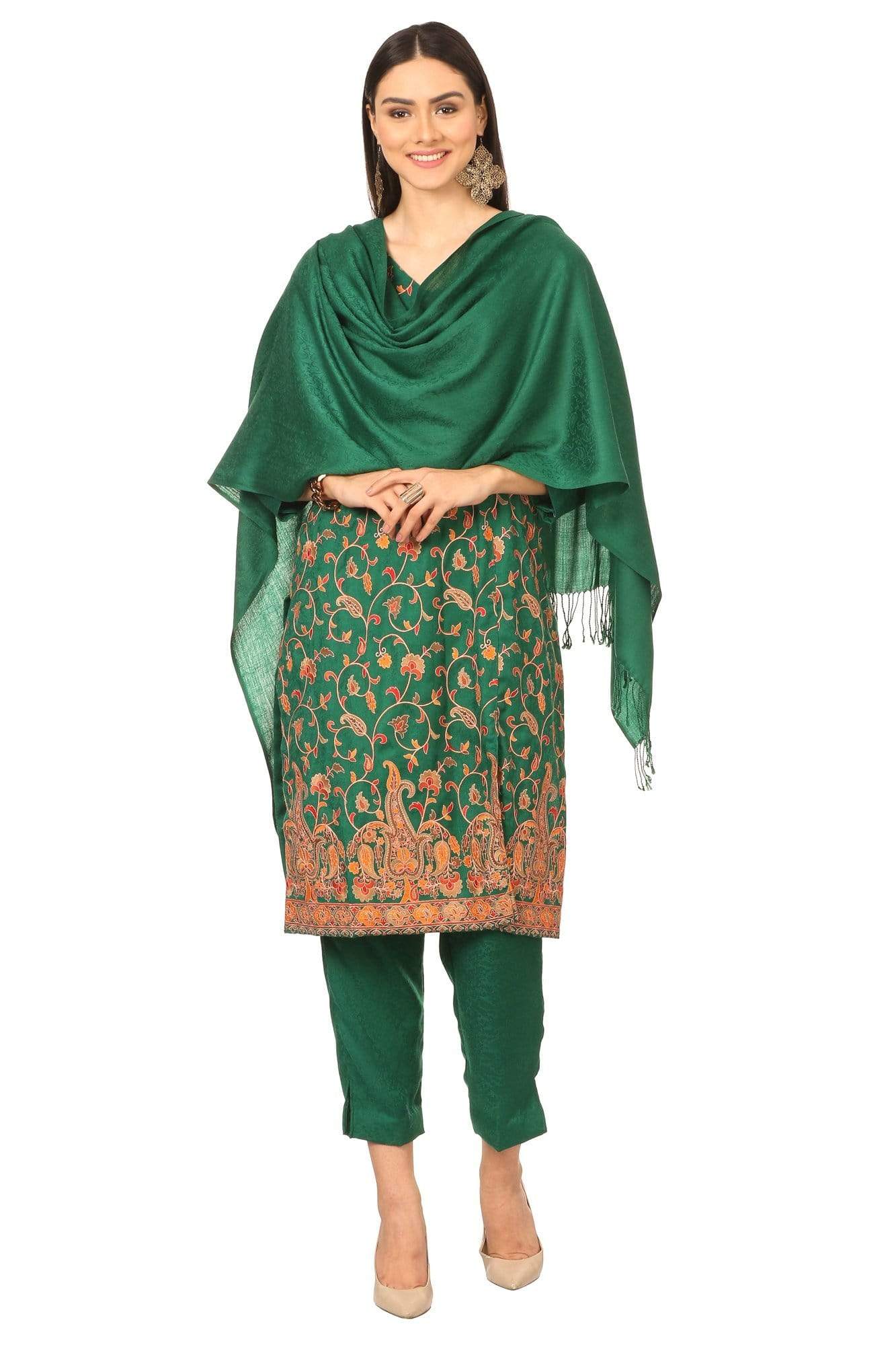 Pashtush India Stole Pashtush Kashmiri Papier Mache Embroidery Suit, Extra Fine Merino Wool, Soft Pashmina Feel Texture. With Self Stole (unstitched) - Bottle Green