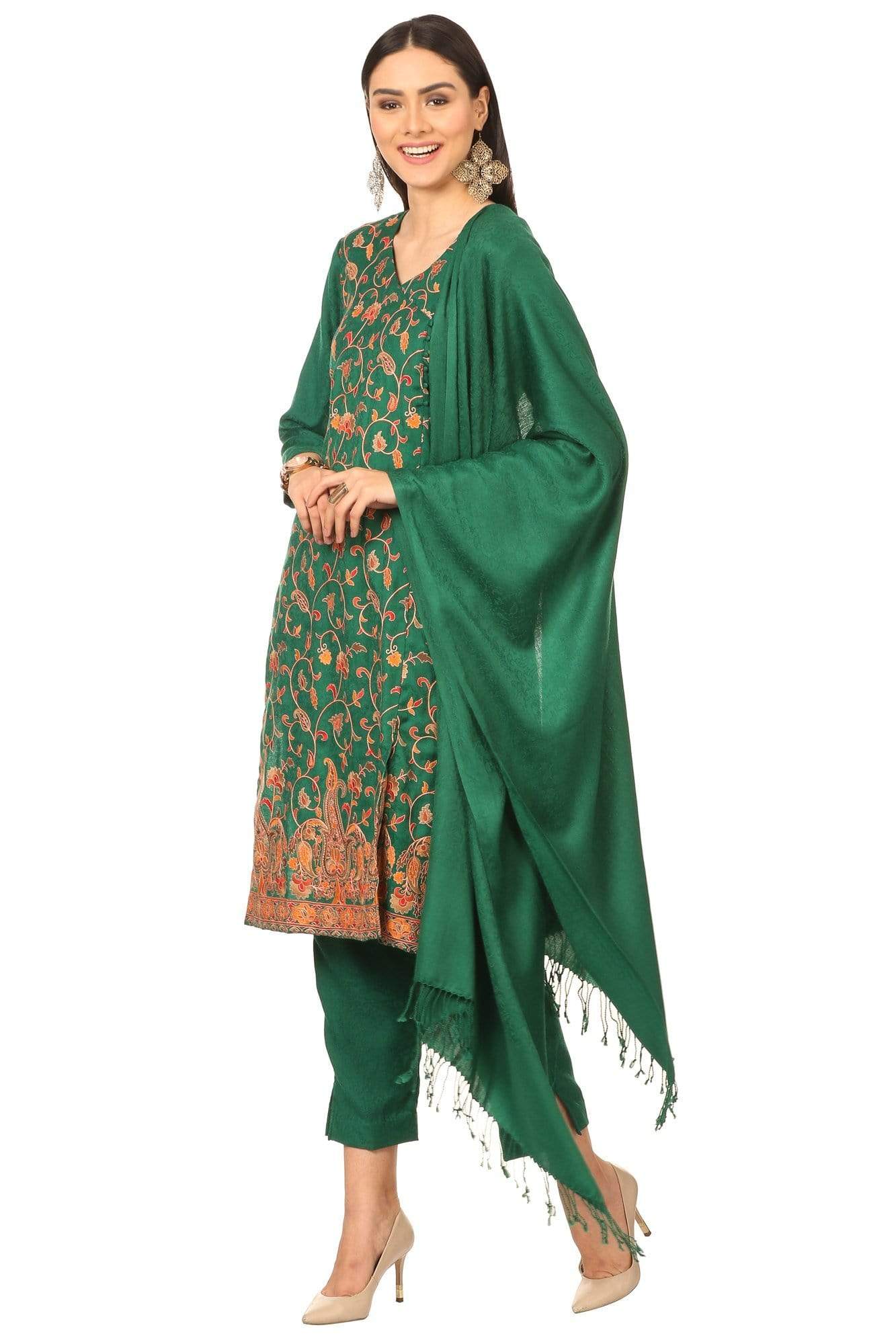 Pashtush India Stole Pashtush Kashmiri Papier Mache Embroidery Suit, Extra Fine Merino Wool, Soft Pashmina Feel Texture. With Self Stole (unstitched) - Bottle Green