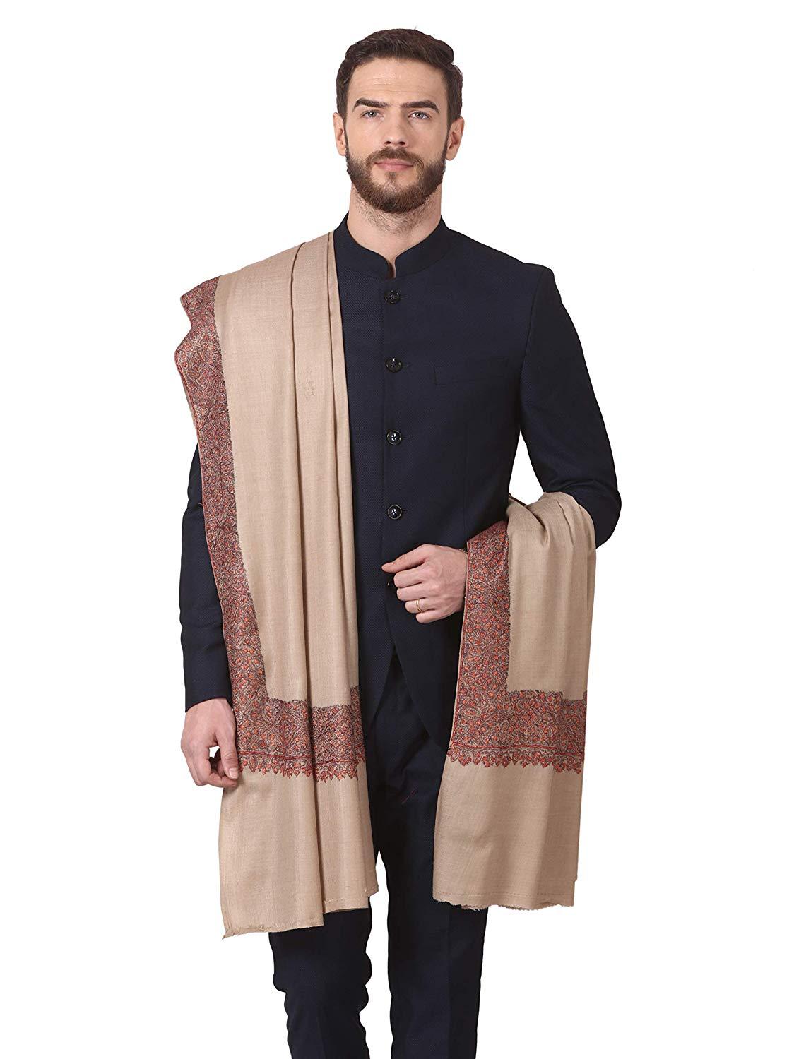 Pashtush India Shawl Pashtush Men's Woolen Hand Made Embroidered Daur Shawl (Taupe, Medium)