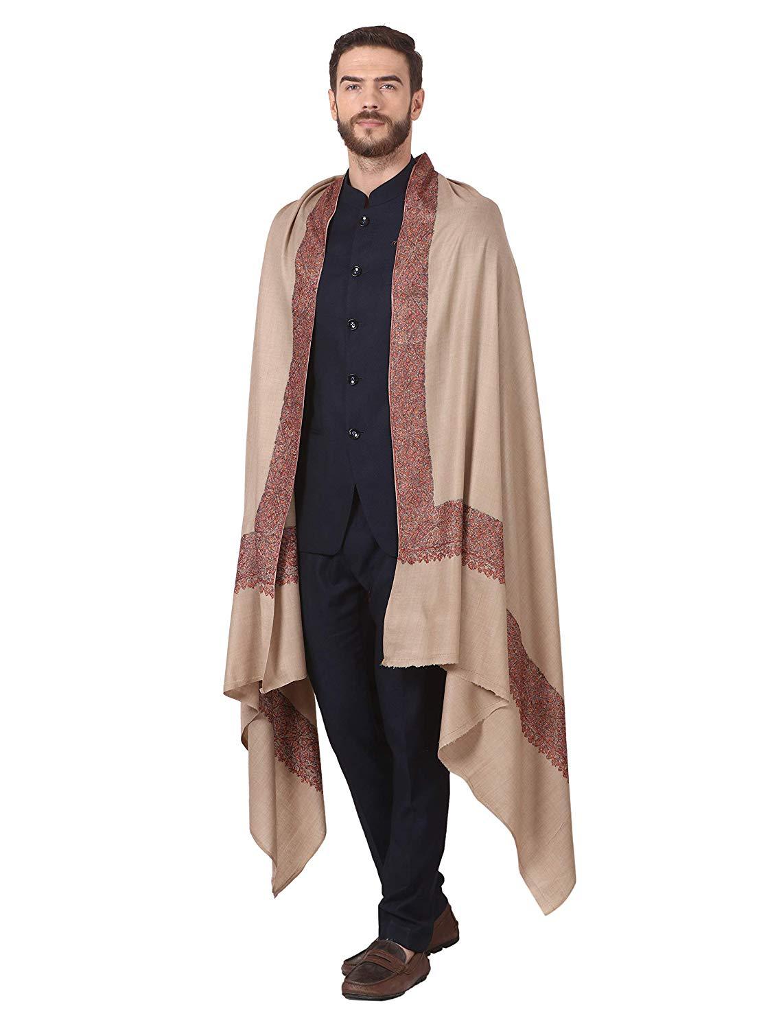 Pashtush India Shawl Pashtush Men's Woolen Hand Made Embroidered Daur Shawl (Taupe, Medium)