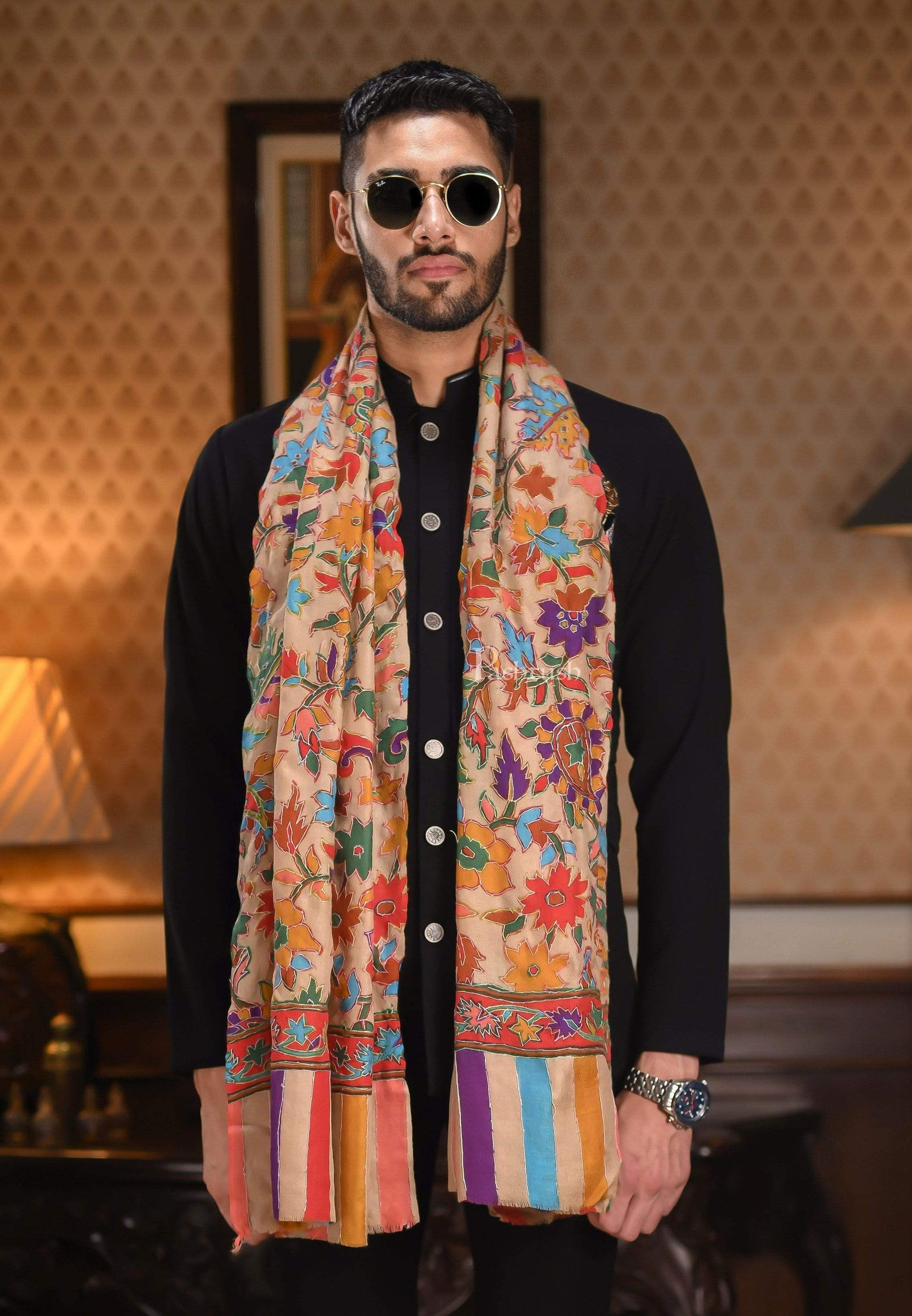 Pashtush India 70x200 Pashtush Mens 100% Hand Embroidery Hand Painted Kalamkari Stole
