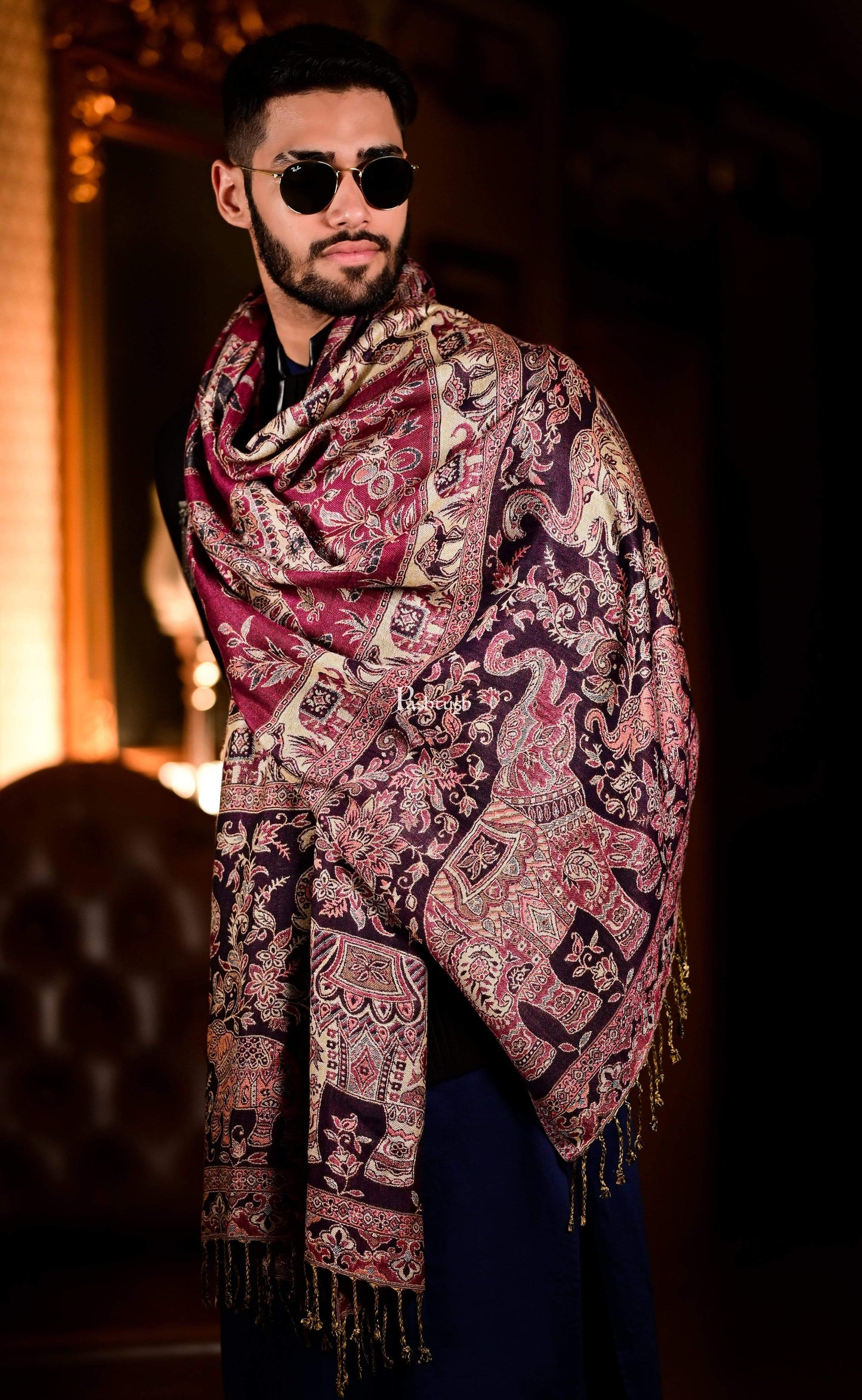 Pashtush India 70x200 Pashtush Mens Bamboo Reversible Muffler Tribal elephants