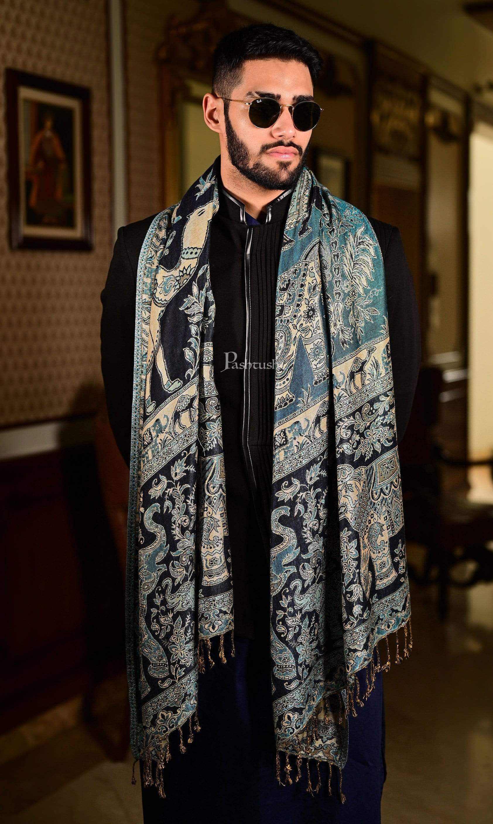 Pashtush India 70x200 Pashtush Mens Bamboo Reversible Muffler Tribal elephants