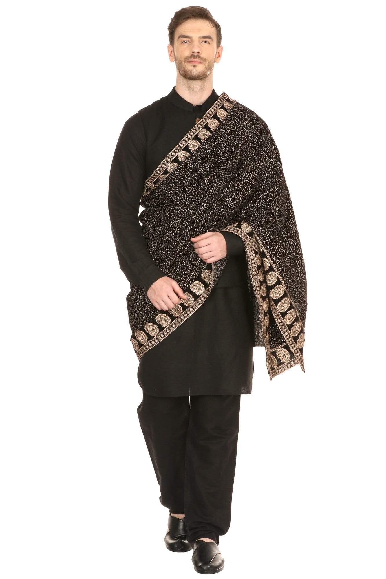 Pashtush India Shawl Pashtush Mens Black Velvet Shawl, With Tilla Zardozi Embroidery