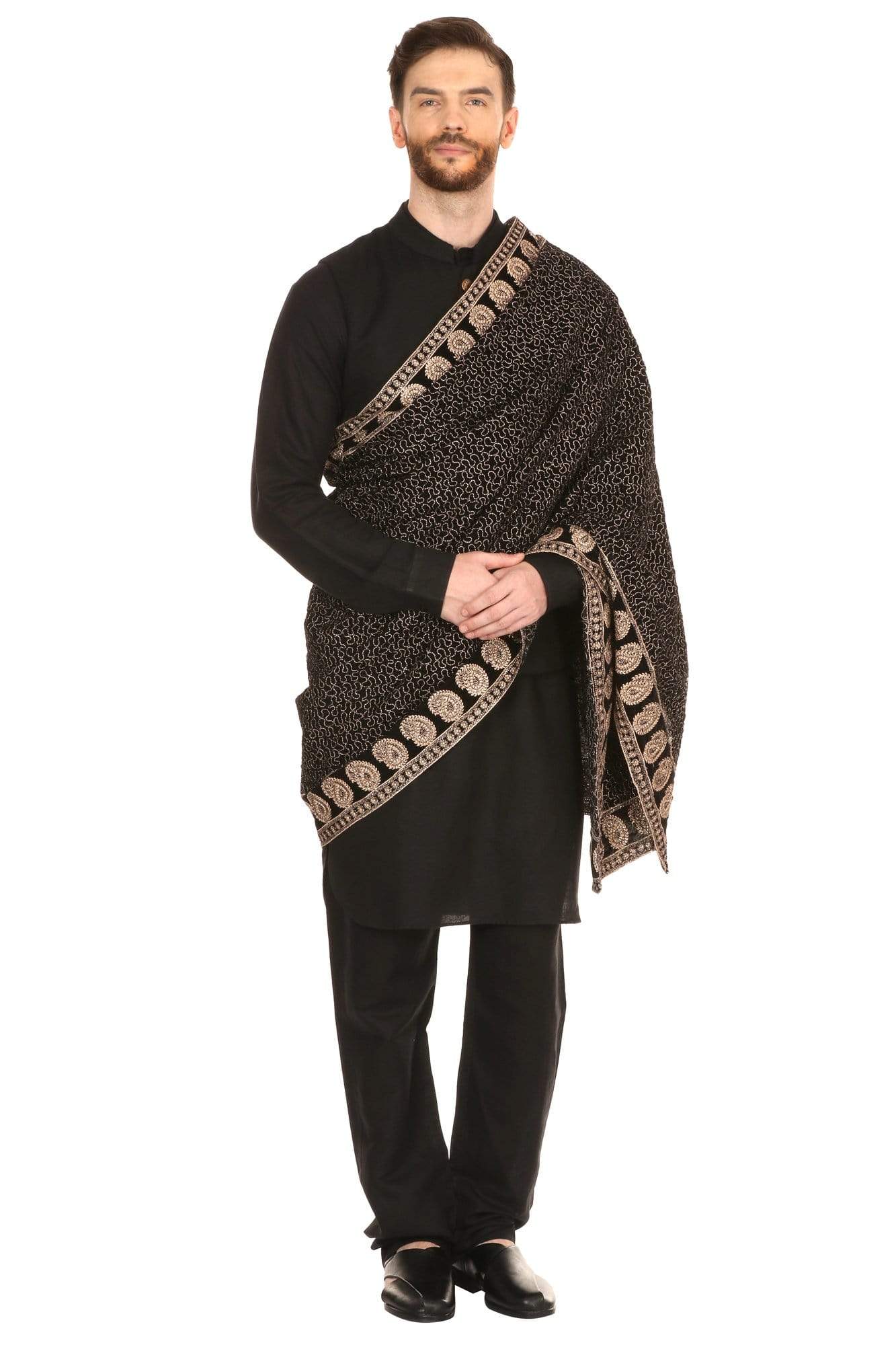 Pashtush India Shawl Pashtush Mens Black Velvet Shawl, With Tilla Zardozi Embroidery