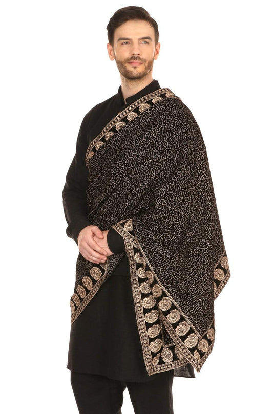 Pashtush India Shawl Pashtush Mens Black Velvet Shawl, With Tilla Zardozi Embroidery