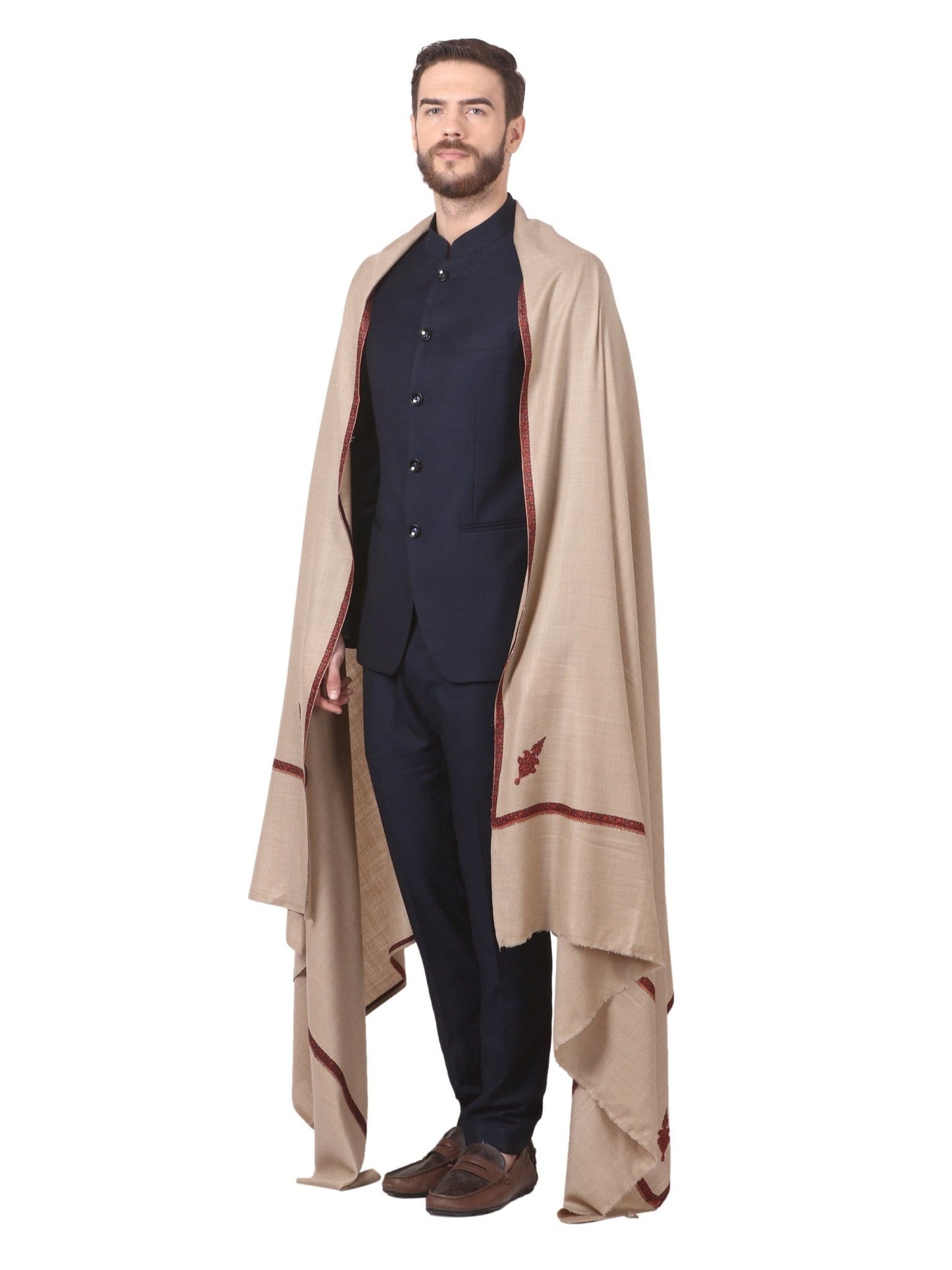 Pashtush India 114x228 Pashtush Mens Border Embroidery Mens shawl with handwork - Beige