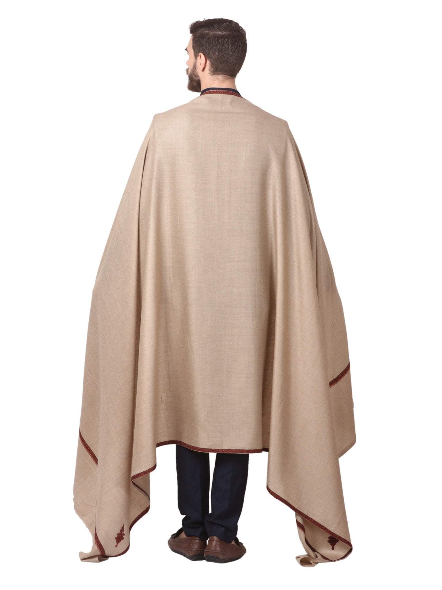 Pashtush India 114x228 Pashtush Mens Border Embroidery Mens shawl with handwork - Beige