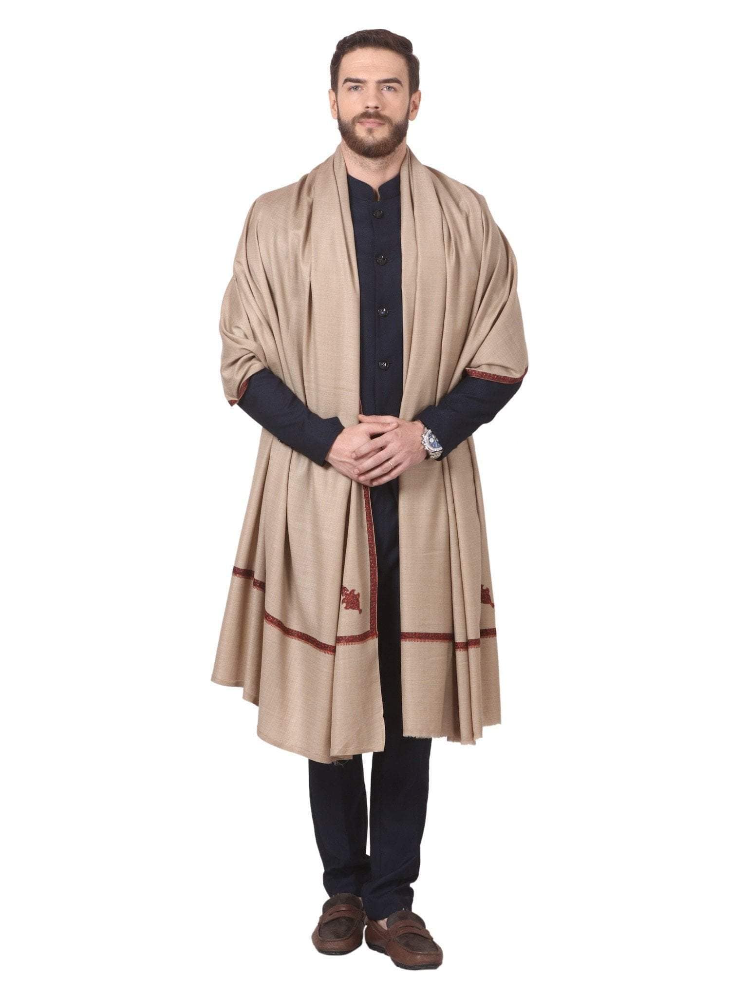 Pashtush India 114x228 Pashtush Mens Border Embroidery Mens shawl with handwork - Beige