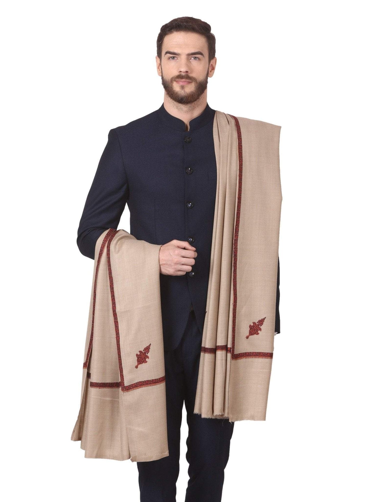 Pashtush India 114x228 Pashtush Mens Border Embroidery Mens shawl with handwork - Beige