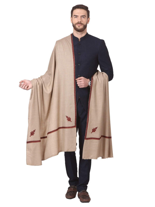 Pashtush India 114x228 Pashtush Mens Border Embroidery Mens shawl with handwork - Beige