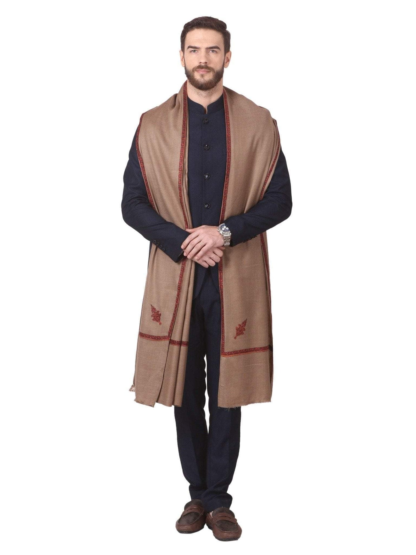 Pashtush India 127x254 Pashtush Mens Border Embroidery Mens shawl with handwork in Dark Taupe
