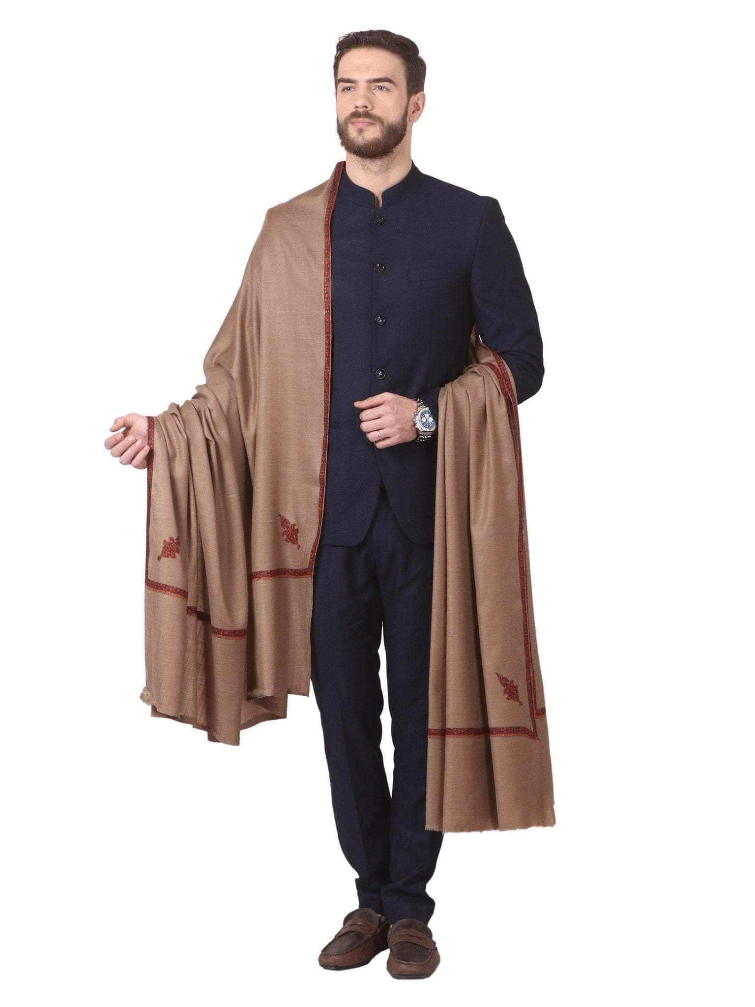 Pashtush India 127x254 Pashtush Mens Border Embroidery Mens shawl with handwork in Dark Taupe