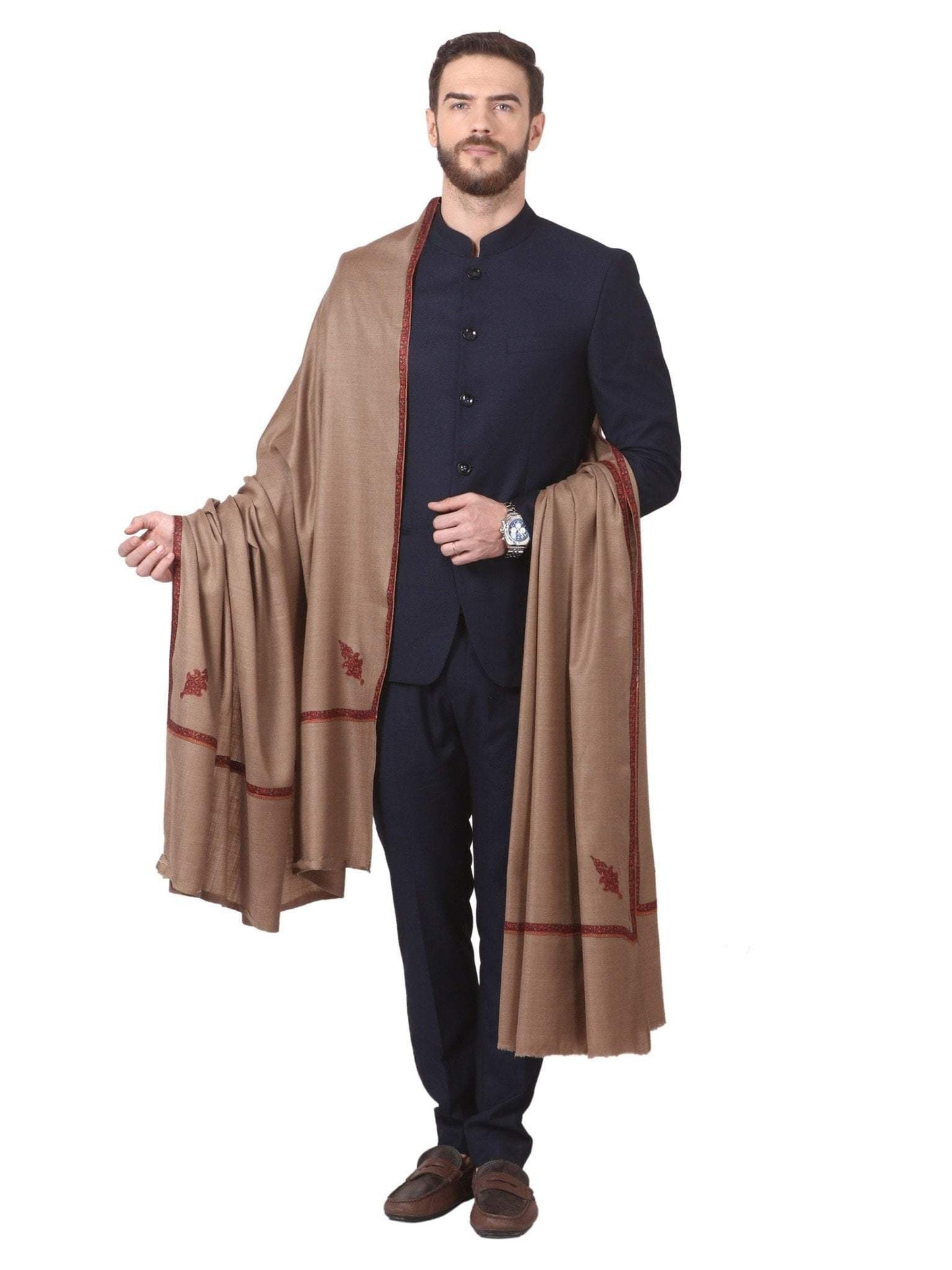 Pashtush India 127x254 Pashtush Mens Border Embroidery Mens shawl with handwork in Dark Taupe