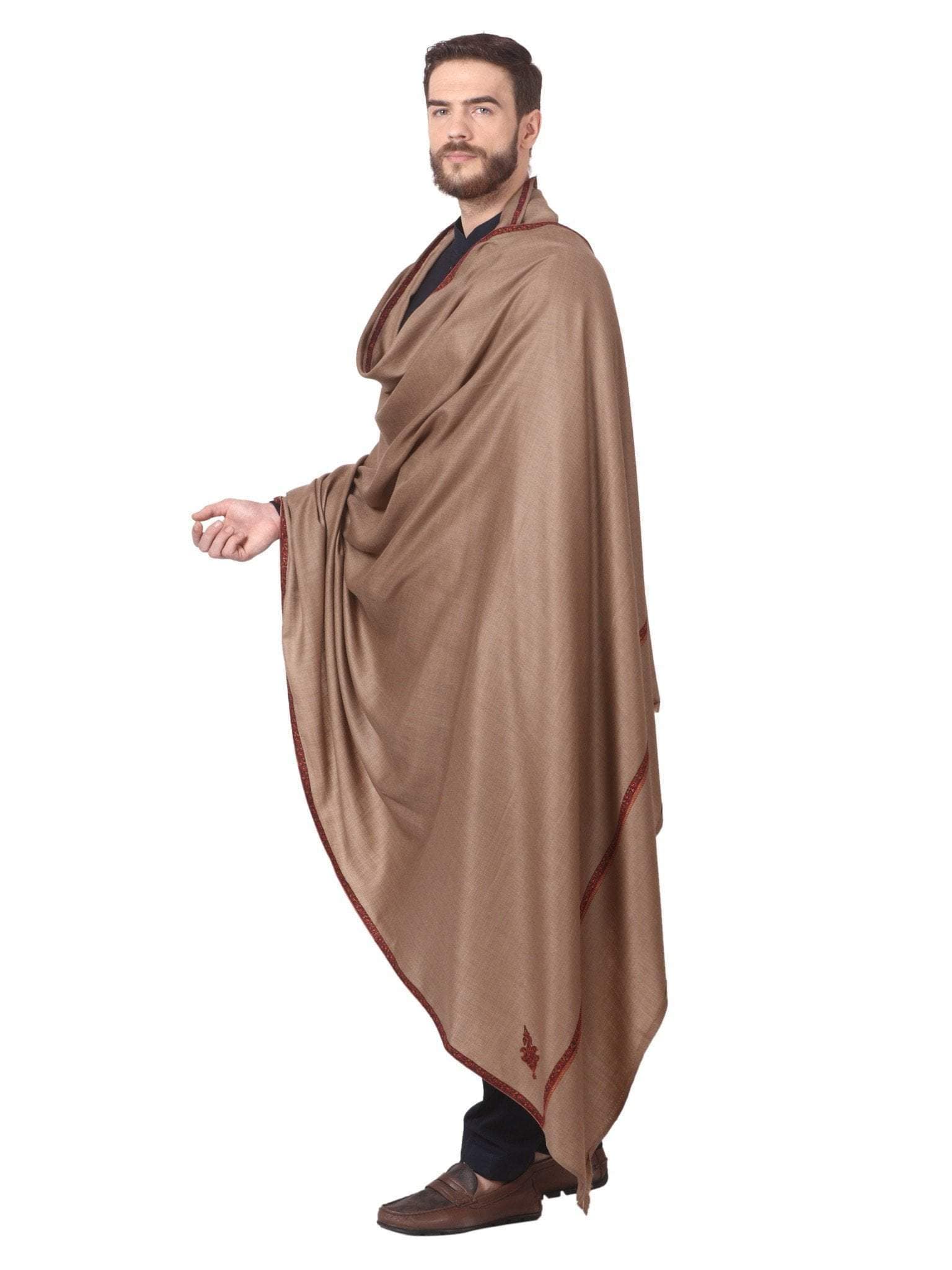 Pashtush India 127x254 Pashtush Mens Border Embroidery Mens shawl with handwork in Dark Taupe