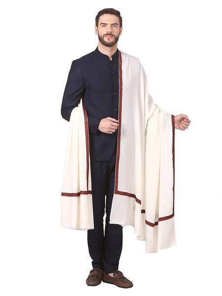 Pashtush India Shawl Pashtush Mens Border Embroidery Mens shawl with handwork in White