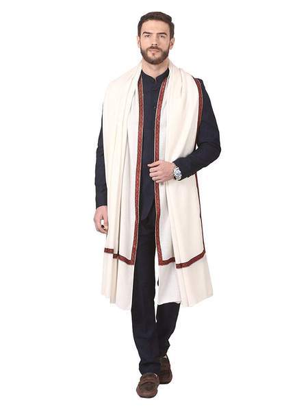 Pashtush India Shawl Pashtush Mens Border Embroidery Mens shawl with handwork in White