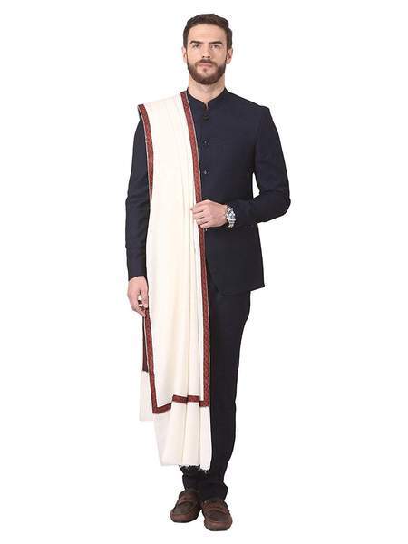 Pashtush India Shawl Pashtush Mens Border Embroidery Mens shawl with handwork in White
