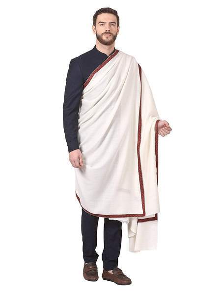 Pashtush India Shawl Pashtush Mens Border Embroidery Mens shawl with handwork in White