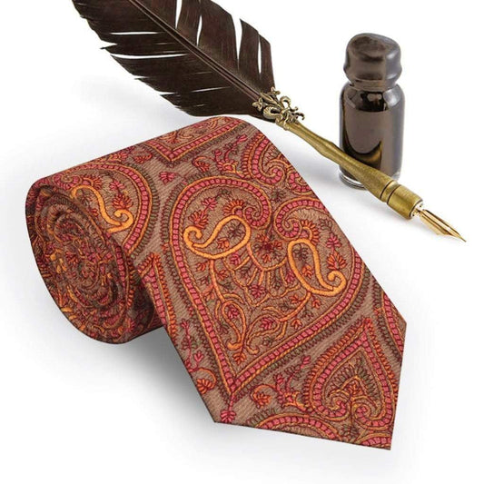 Pashtush Shawl Store Tie Pashtush Mens Embroidered Necktie, Pashmina and Wool, Paisley Design, Beige
