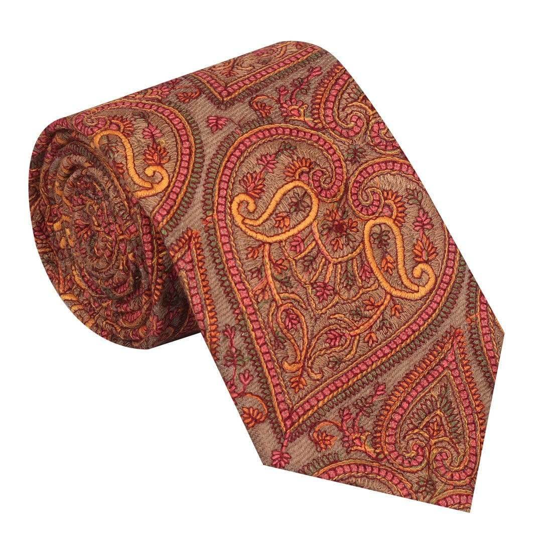 Pashtush Shawl Store Tie Pashtush Mens Embroidered Necktie, Pashmina and Wool, Paisley Design, Beige
