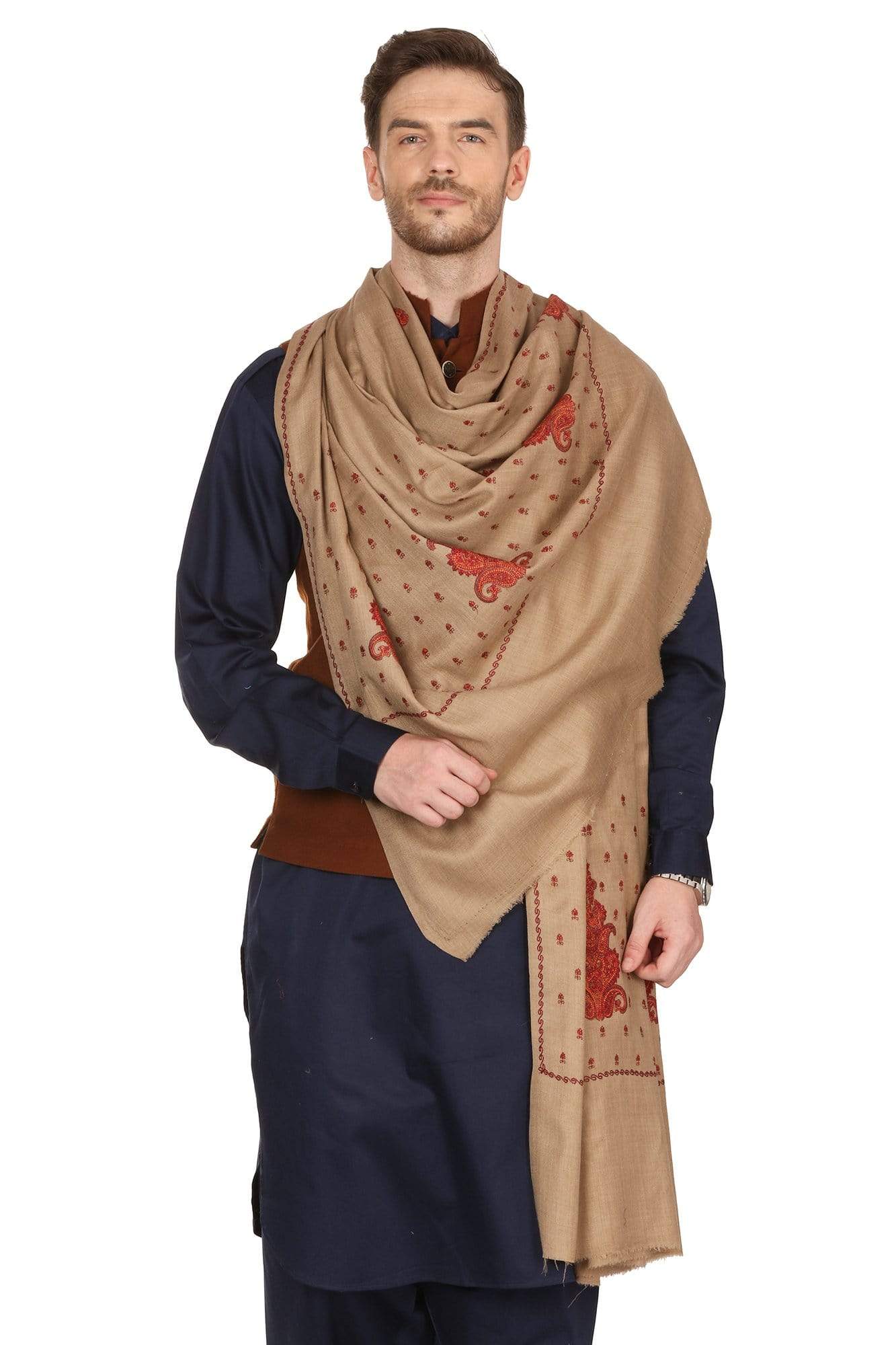 Pashtush India Shawl Pashtush Mens Embroidered Shawl in Extra Fine Wool Shawl