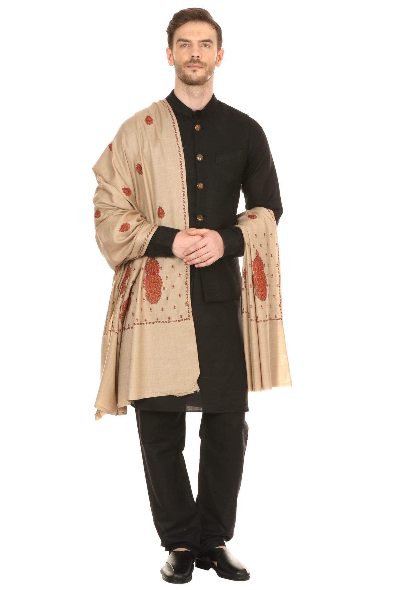 Pashtush India Shawl Pashtush Mens Embroidered Shawl in Extra Fine Wool Shawl