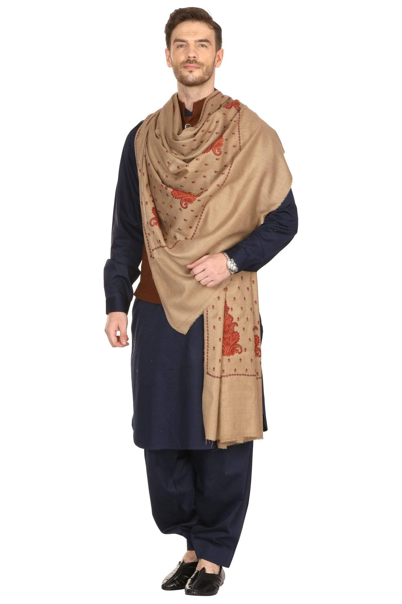Pashtush India 114x228 Pashtush Mens Embroidered Shawl in Extra Fine Wool Shawl