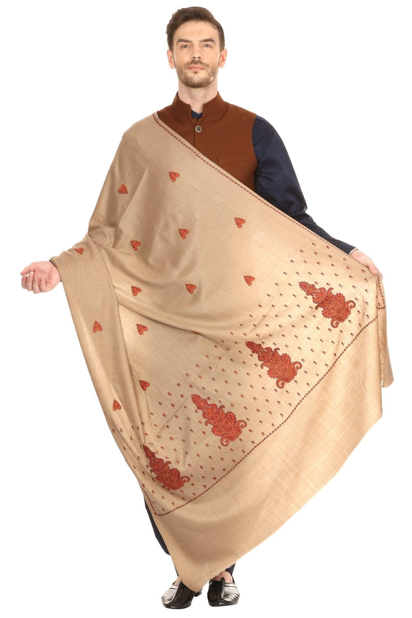 Pashtush India 114x228 Pashtush Mens Embroidered Shawl in Extra Fine Wool Shawl