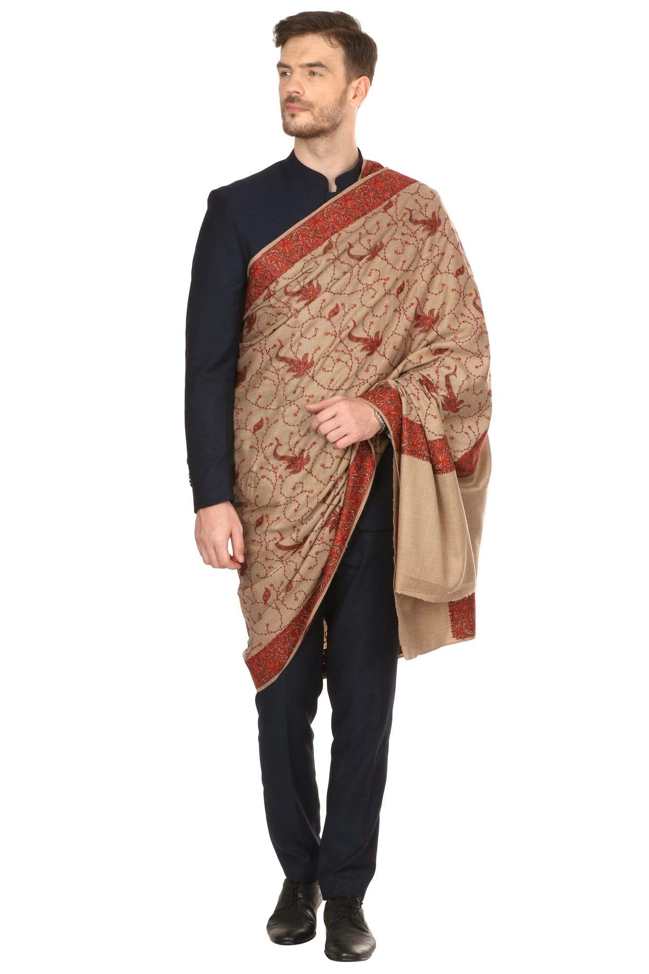 Pashtush India Shawl Pashtush Mens Embroidered Shawl in fine wool pashmina handfeel (43x95 inches)