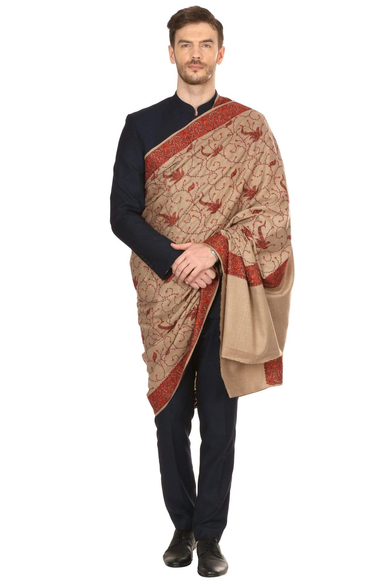 Pashtush India Shawl Pashtush Mens Embroidered Shawl in fine wool pashmina handfeel (43x95 inches)