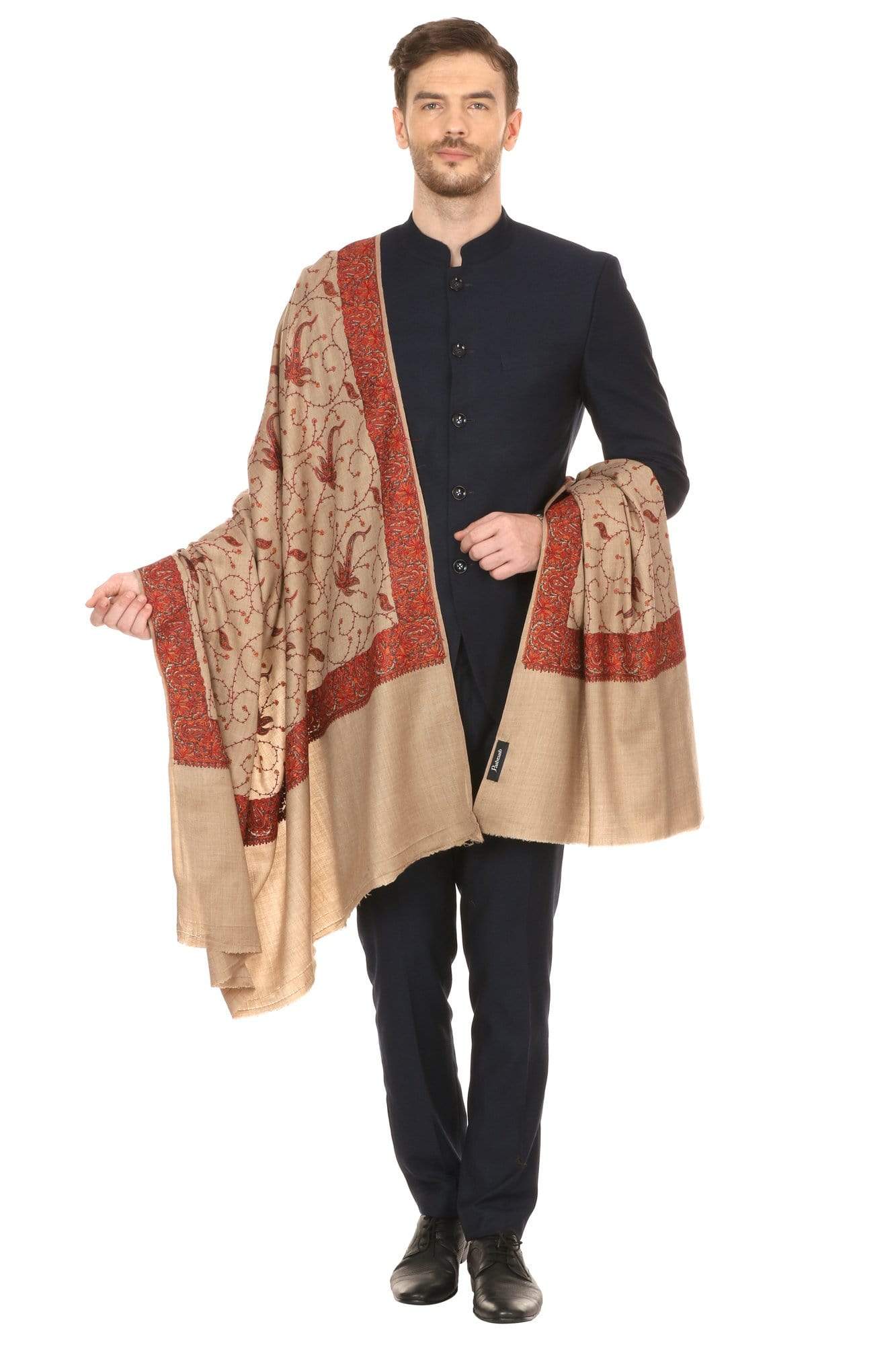 Pashtush India Shawl Pashtush Mens Embroidered Shawl in fine wool pashmina handfeel (43x95 inches)