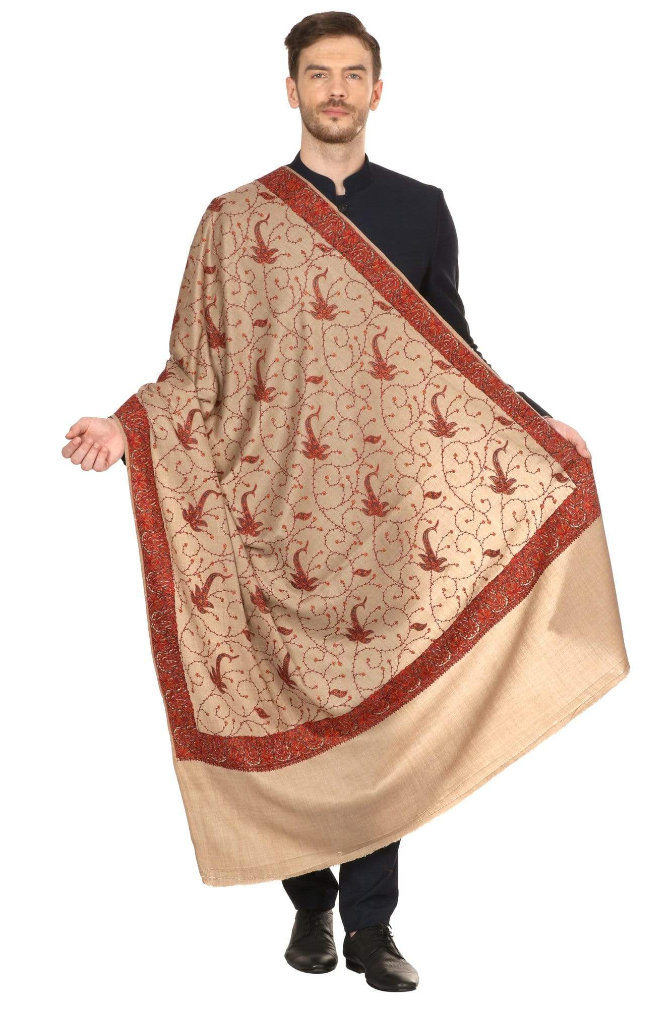 Pashtush India Shawl Pashtush Mens Embroidered Shawl in fine wool pashmina handfeel (43x95 inches)