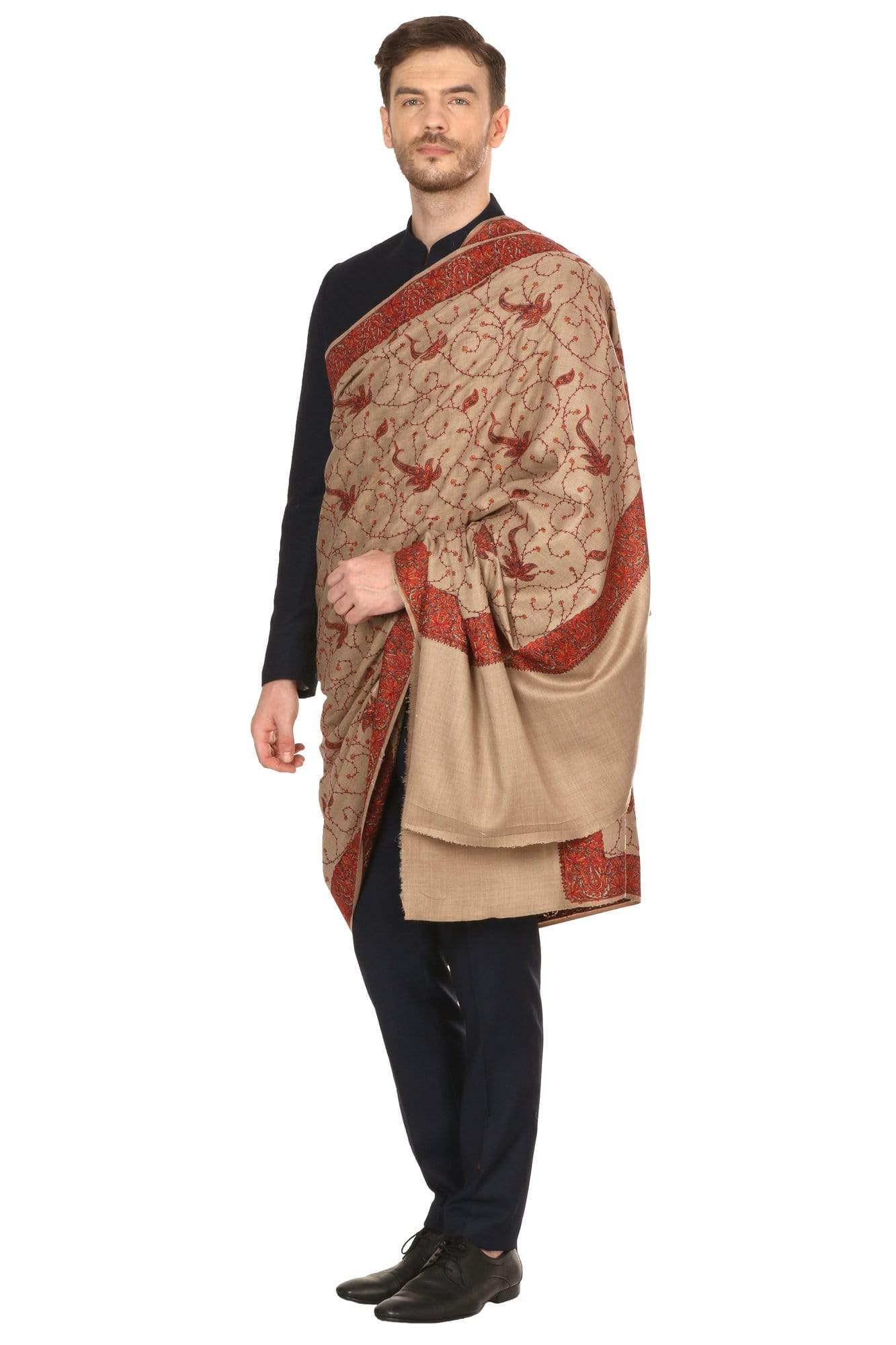 Pashtush India Shawl Pashtush Mens Embroidered Shawl in fine wool pashmina handfeel (43x95 inches)