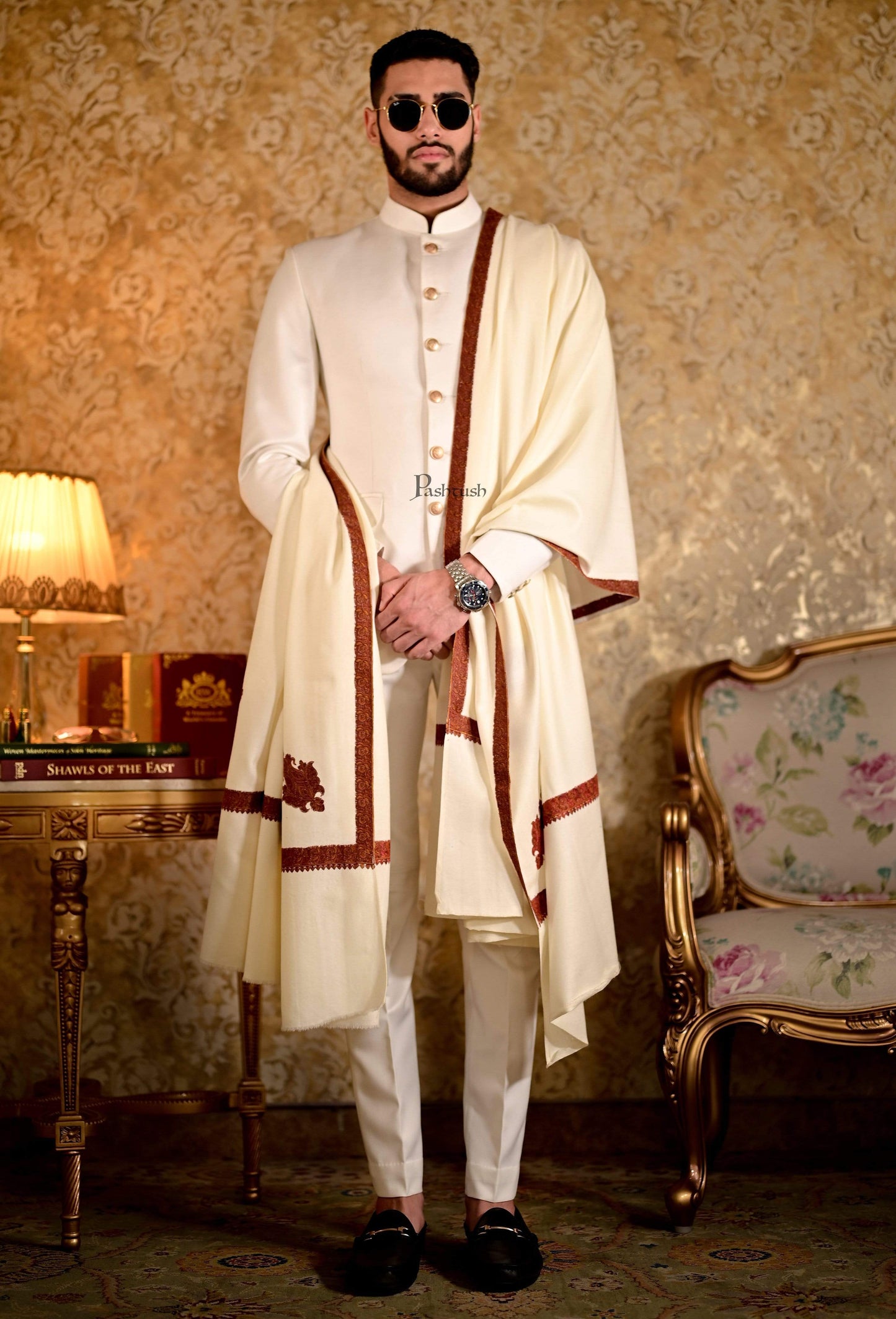Pashtush India 127x254 Pashtush Mens Embroidery Shawl, Kingri Design - Ivory