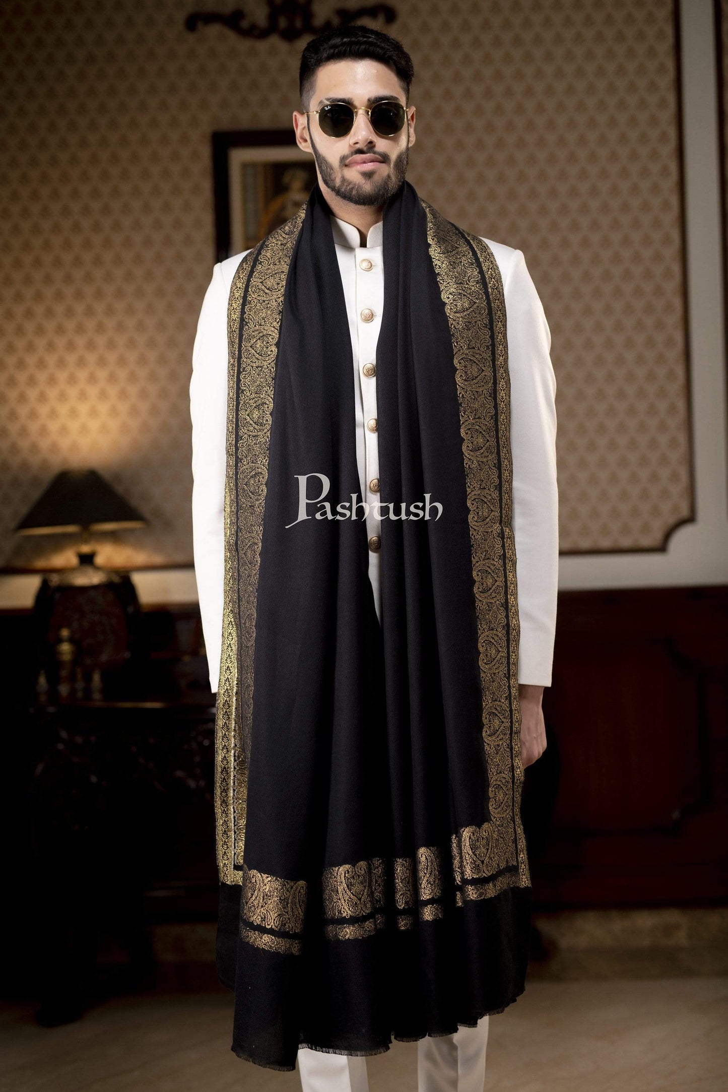 Pashtush India 114x228 Pashtush Mens Extra Fine Count Wool Shawl, Metallic Tilla Border Weave, Full Size