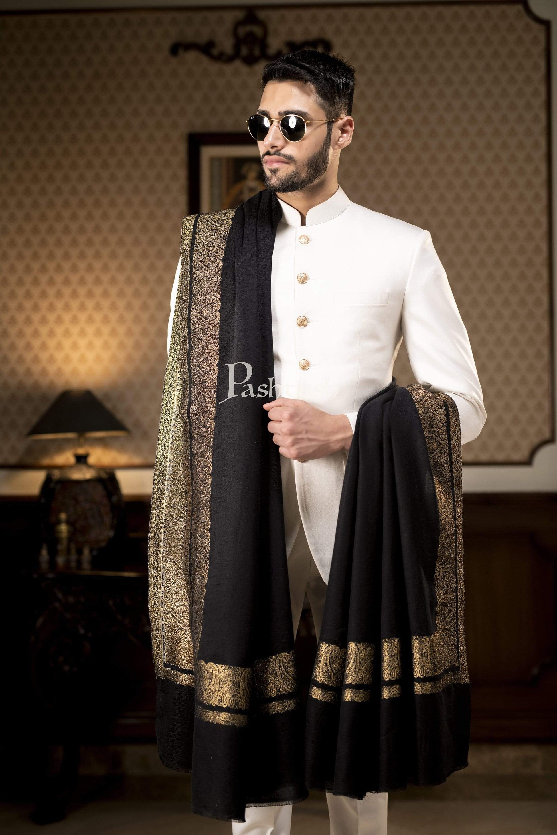 Pashtush India 114x228 Pashtush Mens Extra Fine Count Wool Shawl, Metallic Tilla Border Weave, Full Size