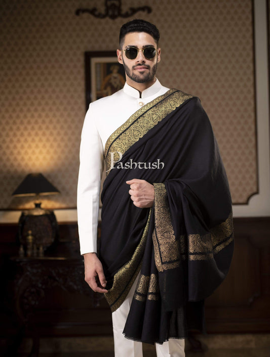 Pashtush India 114x228 Pashtush Mens Extra Fine Count Wool Shawl, Metallic Tilla Border Weave, Full Size